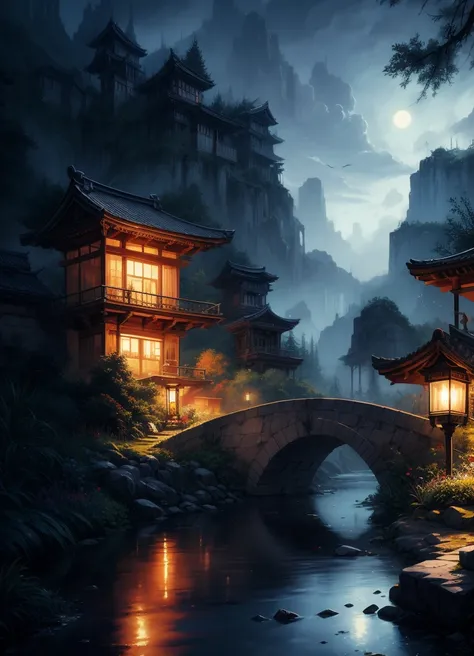 painting of an ancient tori garden, architecture , beautiful scenery, waterfall, fantasy, moonlight,((glistening look)),ghibi style, hd, High quality, water reflection, bushes,4k hd, cloud,beautiful art uhd 4 k, a beautiful artwork illustration, beautiful ...