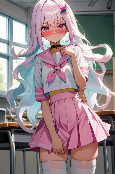 One girl with long wavy hair, white hair, looking at viewer, embarrassed, blushing, tears, indoor , classroom, pink sailor uniform, white shirts, pleated skirt , pink skirt, mini skirt, midriff, slim, dizzy, choker, mid-chest, wide hips, perfect waist, spr...