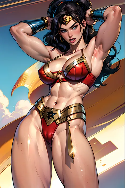 (High quality, best rendering),Wonder Woman from DC Comics, gigantic cleavage breasts, psychopath, Crazy face, Sexy pose, 2 pieces outfit, No top, Pastel, Centered, Scale to fit the dimensions, Miniature tong, Tiny micro bikini, Pubic hair is exposed，Pubic...