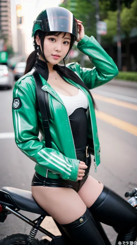 (masterpiece), best quality, expressive eyes, perfect face, lustful girl, wearing indonesian Go-Jek sexy green jacket, (driver black striped jacket:0.7), (gojek logo), (Go-Jek logo), two-wheeled ride-hailing services, motorcycle, motorbike, (wearing green ...