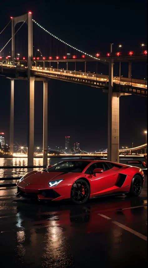 A Lamborghini SUV sports car，professional photoshooting，k hd，4k，nigth，Red street lights，towns，Background of a sea-crossing bridge（1.3），Speeding，Cyberpunk style