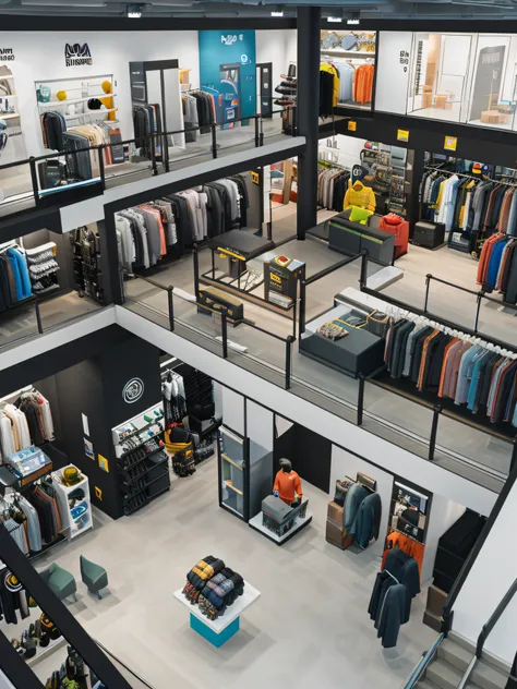 Imagine that，45-degree top-down view，Interior of the clothing store，One application uses AI to create realistic simulations of virtual environments, Allows users to explore interactive and customizable 3D scenes for a variety of purposes, As urban planning...