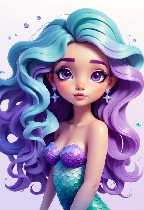 Whole body，Minimalism, flat illustration, Cute little mermaid, The mermaid closed her eyes and made a wish, Light blue to light purple gradient tail, Purple gradient long curly hair, front closeup, White background, Wear earrings, Adorkable, The color matc...