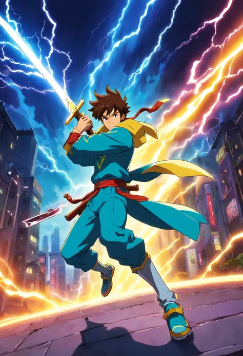 cartoon of a man with a sword and a lightning bolt, an epic anime of a energy man, this character has cryokinesis, afrofuturism anime, animation still screencap, style of jet set radio