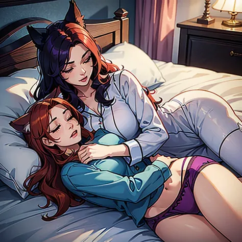 1 women on a bed, sleeping, cuddling each other, one with black and purple hair and cat ears, 1 other women with Red Hair , ginger hair, long hair , wavy hair, belle poitrine, Cute Scene,pyjamas