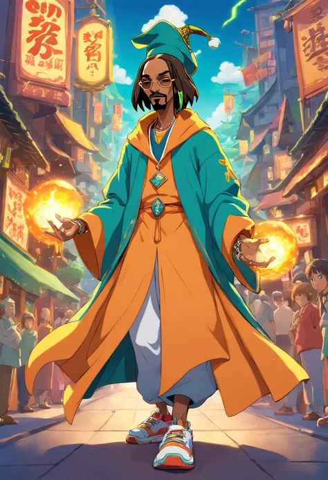 cartoon  epic anime of snoop dogg as a mage, animation still screencap, style of jet set radio