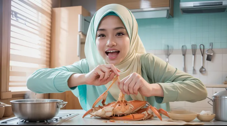 2 malay girl in pastel color hijab cooking very big king crab, wear pastel blue and white baju kurung, live moving king crab, shock, funny and clumsy situation, laughing, happy, messy kitchen, water in face and body, wet kitchen and cloth, detailed skin te...