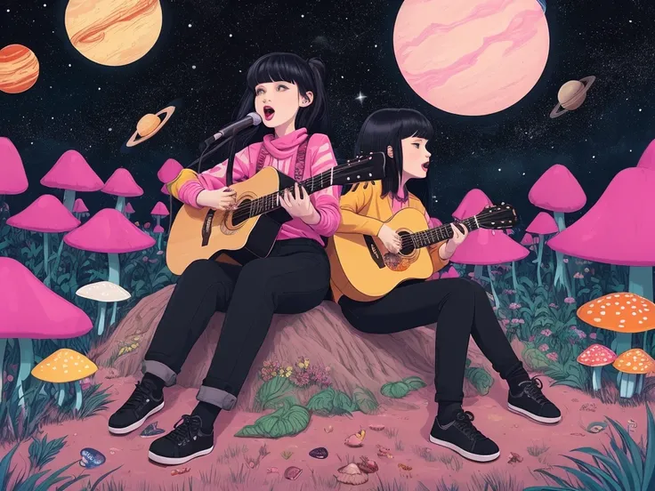 Create an illustration of a vibrant, alien landscape with a pink sky, black space filled with stars and planets, and alien plants in the background. On the ground, there are mushrooms. In the scene, there are two girls. One girl has medium-length black hai...