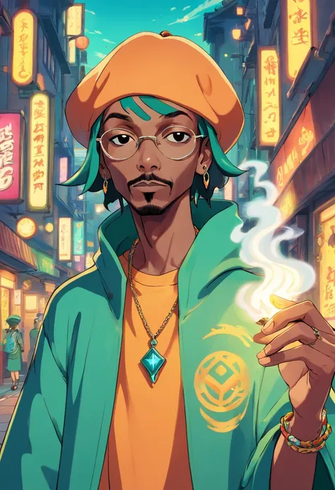 cartoon epic anime of snoop dogg as a mage smoking a magical joint, animation still screencap, style of jet set radio