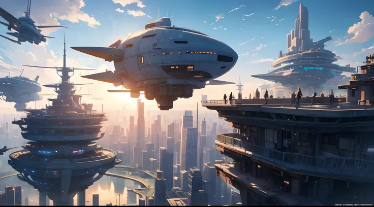 future modern city, flying vehicles, airships, modern buildings, robots, wrecks, studio ghibli anime, anime illustration, cinematic lighting, (((best quality))),(((masterpiece)))