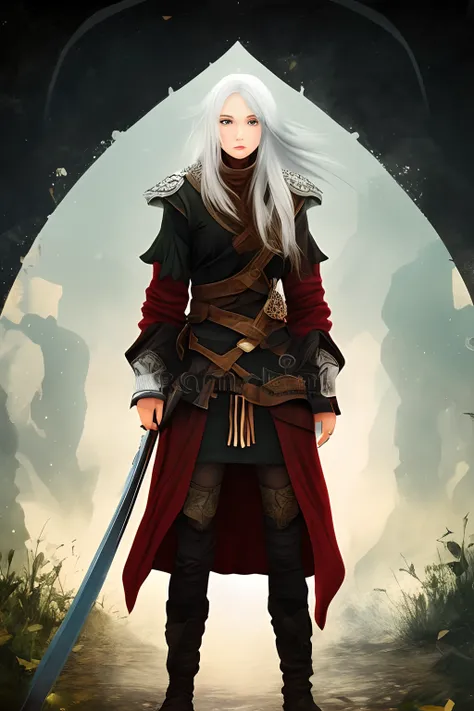 Illustration of a beautiful girl with long silver hair standing in a warring country