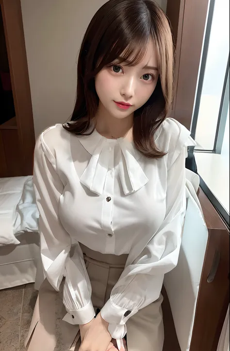 Wearing a white blouse with a long-sleeved collar、Wearing a black miniskirt