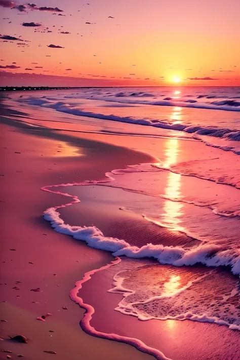 Beach close-up，Sunsets and bodies of water, stunning skies, which shows a beach at sunset, stunning skies, redpink sunset, Colorful sunset, Pink sunset, colorfull sky, colorfull sky, pink skies, breathtaking colors, the colours of the sunset, vibrant sky, ...