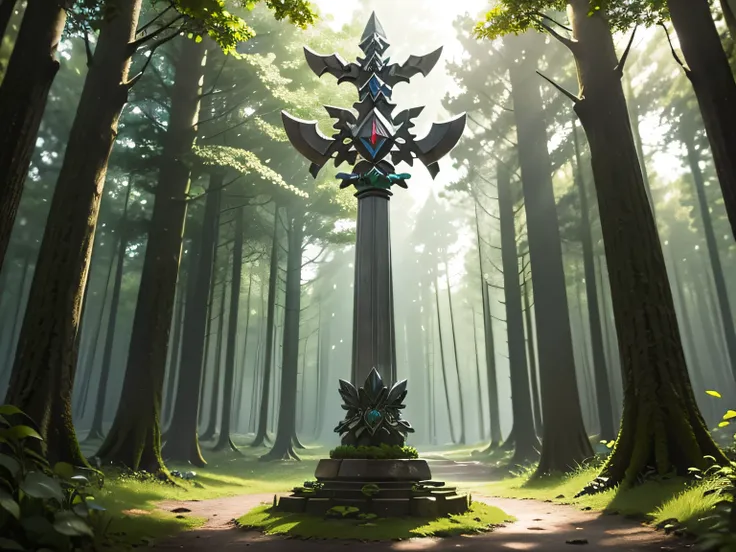 zelda style scenery, in the forest, cobblestones, sunlight filtering through the leaves on the sword, (the master sword stuck ve...