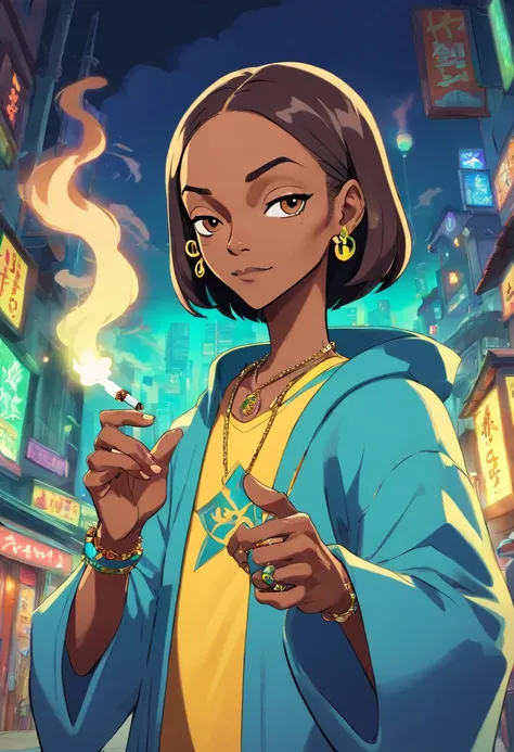 cartoon epic anime of snoop dogg as a mage smoking a magical joint, animation still screencap, style of jet set radio