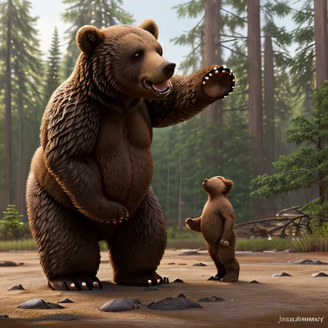 Two brown bears standing on their hind legs, Illustration in the style of James Gurney, , Bears, with strong graying, Big & Small, Wildlife illustration, Beautiful nature, , cute and adorable, Incredibly cute, Its just a cute thing, painfully adorable