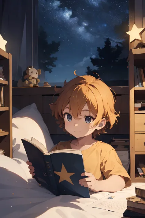 a little boy with curly golden hair reading in his room at night with the stars in view in a cartoon style.