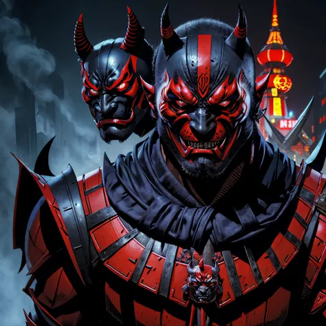 there is a man wearing a mask and a jacket, villain wearing a red oni mask, second life avatar, smart tai warlord, god, oni mask, vega mask, kabuki mask, art style, portrait of a digital shaman, demon samurai mask