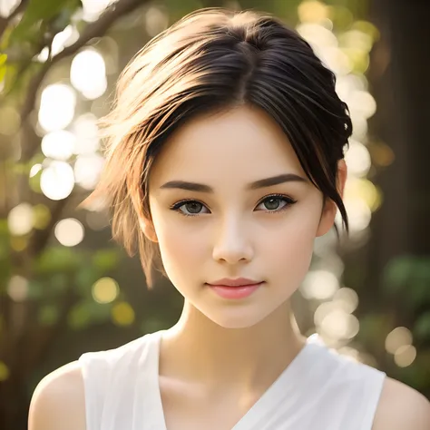 a transcendentally beautiful Irish girl who is mixed with Japanese, short hair, skinny face, smooth pale skin, bright eyes, straight nose, glossy plump lips, gentle smile, pure and innocent, very neat, intelligent and elegant, pretty and gorgeous, attracti...