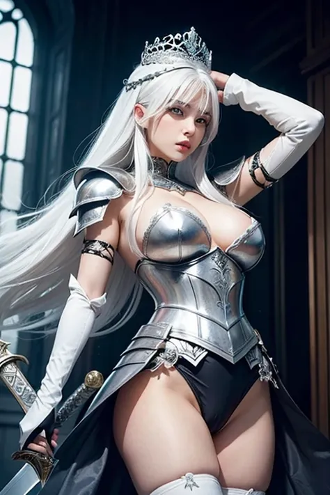 Female , white hair , Large breasts，Silver armor panty，tiara crown，dramatics , sword ,