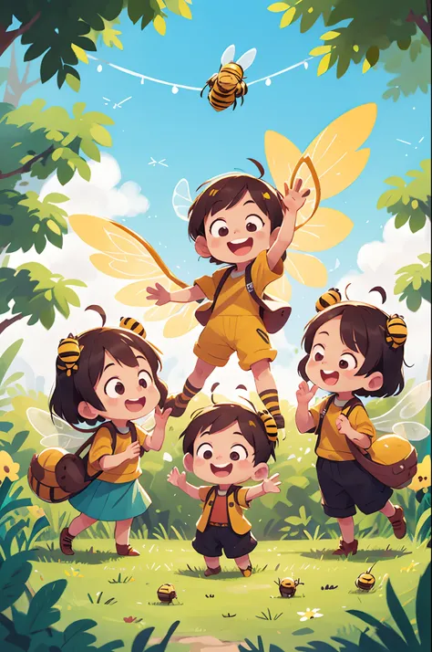 A group of cute smiling, standing, flying, wings, waving, clapping, clapping, little bees, little animals