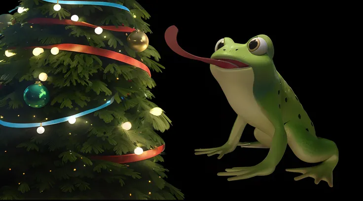 Christmas，Christmas tree，frogs, Disney Pixar style, High quality, high resolution, 8K, Full-HD