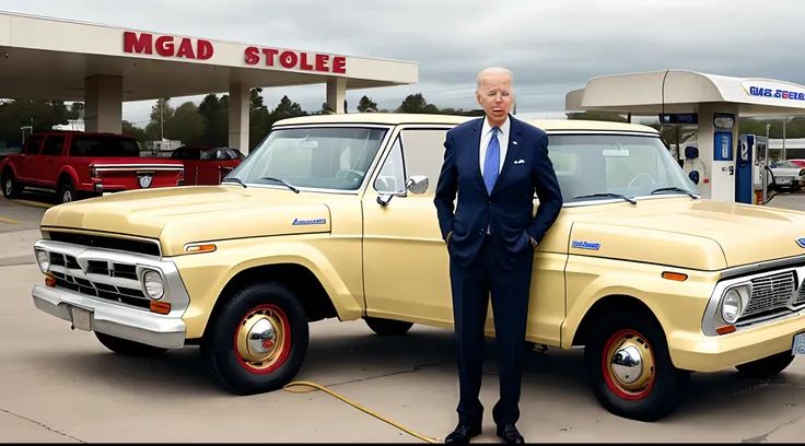 Joe Biden in a suit wearing a gold chain with a triangle at a gas station smoking a cigarette standing in front of an old Ford F150. Realistic