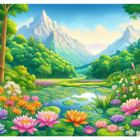 a painting of a beautiful mountain landscape with flowers and water, mythical floral hills, scenery artwork, scenery art detailed, nature scenery, a beautiful landscape, detailed scenery —width 672, whimsical fantasy landscape art, lotus pond, a beautiful ...