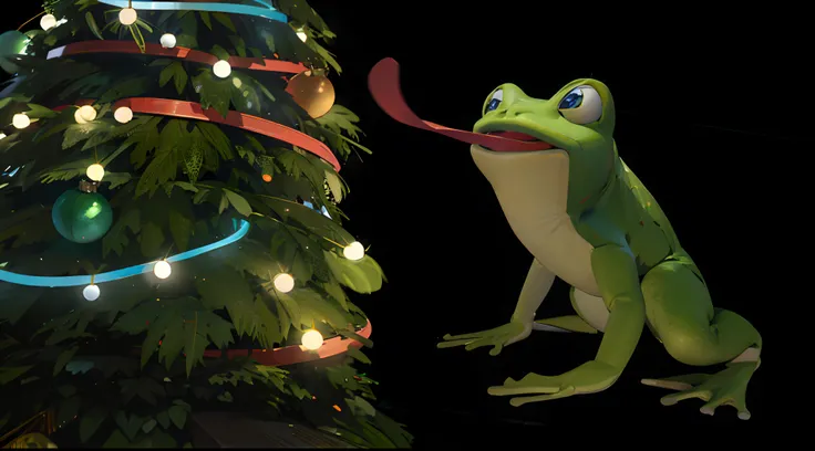 Wallpapers， poster for，  Christmas，Christmas tree，frogs， Hyper-detailing， cinematic ligh，softlighting， Deep focus bokeh， Ray traching