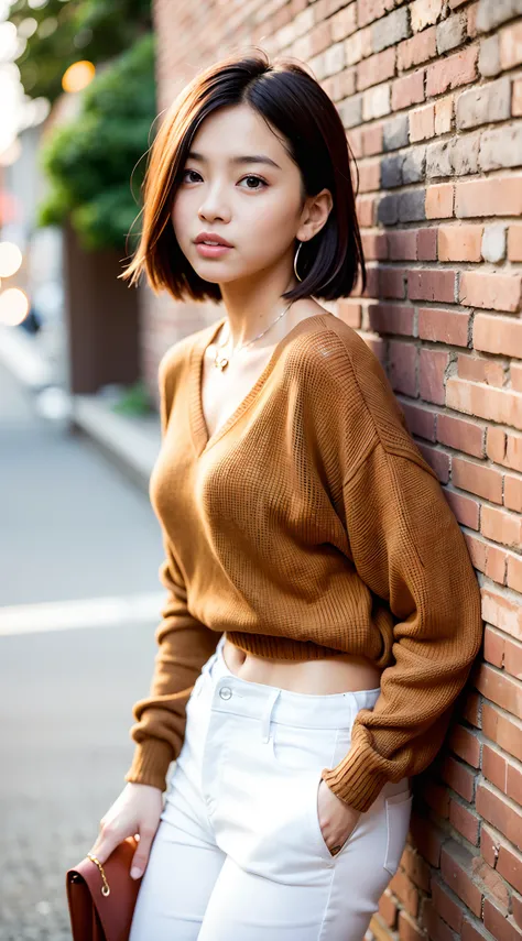 Araphedo woman wearing tan sweater standing against a brick wall, wearing v - neck top, korean female fashion model, Brown shirt, Mesh Shirt, elegant slim beige shirt, wearing a cute top, modern casual clothing, casual clothing style, Short sleeves, Brown ...