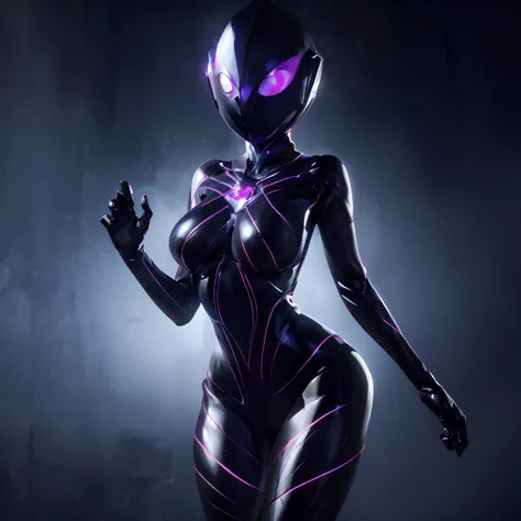 Ultraman Woman, （High quality）（The sheen）Covering her naked face with a black mask, Female Solo, Alien eyes shine。The whole body is covered with a black bodysuit, One female protagonist, Pink lines all over the body, Dark background,