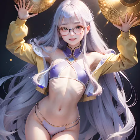 Transparent hair、Golden Eyes、eye glasses、ssmile、Daughter in her early teens、flat chest、Thin pubic hair、Beautiful open legs、Cheer Dance