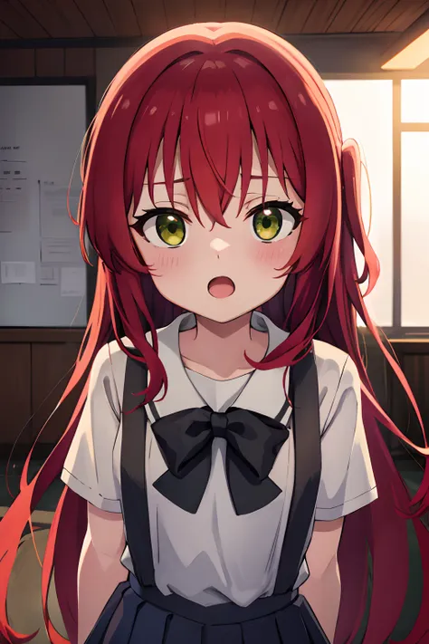 kitaikuyo, ikuyo kita, (green eyes:1.5), hair between eyes, long hair, one side up, red hair, (flat chest:1.2),
break black foot...