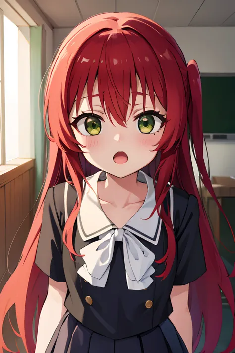 kitaikuyo, ikuyo kita, (green eyes:1.5), hair between eyes, long hair, one side up, red hair, (flat chest:1.2),
break black foot...