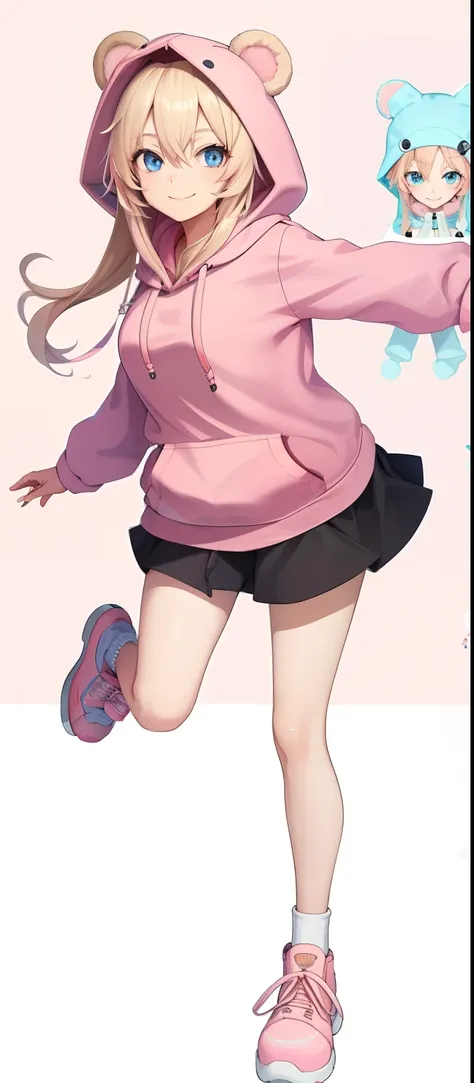 Vtuber model for 1 girl , Long blonde hair, Blue eyes , Furry bear ears , Hood up,(Light pink hoodie:1.3), Strawberry pattern, Sneakers, clogs, High quality , extra detailed , Renders, (White background:1.3), full bodyesbian, Smiling