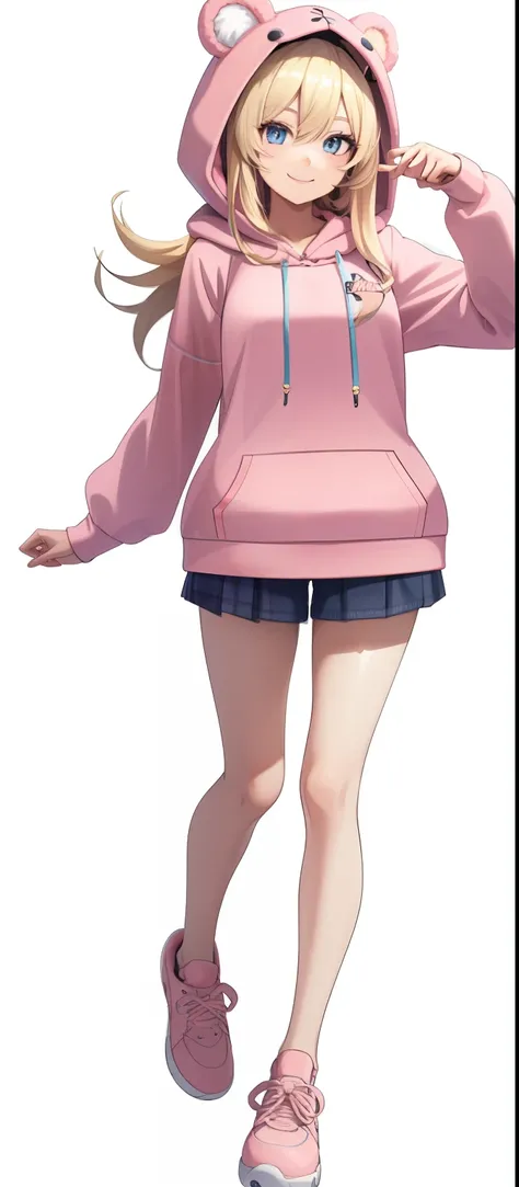 Vtuber model for 1 girl , Long blonde hair, Blue eyes , Furry bear ears , Hood up,(Light pink hoodie:1.3), Strawberry pattern, Sneakers, clogs, High quality , extra detailed , Renders, (White background:1.3), full bodyesbian, Smiling