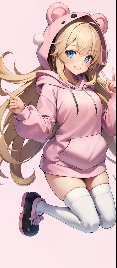 Vtuber model for 1 girl , Long blonde hair, Blue eyes , Big thighs, Furry bear ears , Hood up,(Light pink hoodie:1.3), White miniskirt, white thighhighs, Strawberry pattern hoodie, bear slippers, clogs, High quality , extra detailed , Renders, (White backg...