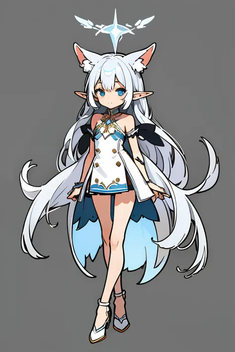 a full-body view of a silver-haired elf girl with long ears, facing the camera, wearing symmetrical clothes and standing with bo...