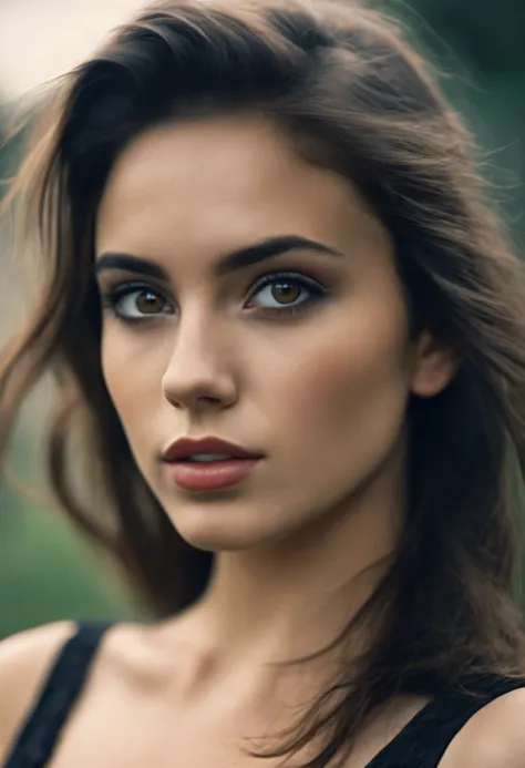 an amazing portrait of a beautiful brunette woman in dark dress, dark brown eyes, dark hair, straight hair, ponytail, great faci...