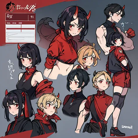 （（tmasterpiece）），（（（best qualtiy））），（CharacterDesignSheet，Same role，frontage，Lateral face，on  back），1 Red Devils，独奏，Short black hair，tiny horns，red eyes，tmasterpiece，best qualtiy，looking around a corner，full bodyesbian，Height 160cm，A detailed，ssmile，sport ...