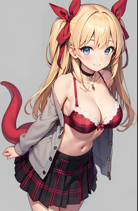 1girll, bangs, black_choker necklace, Foot warmer, Red bow, Red_ribbon, Blonde_Hair, Blue_Eyes, Blush, Bra, Large breasts, choker necklace, 鎖骨, collared_shirt, full_Body, Grey_Background, Hair_ribbon, Long_Hair, double tails, Hair ribbon, Looking_at_peepin...