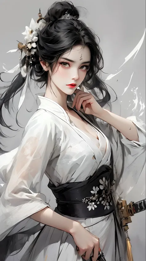 A bust of a woman with black hair and black eyes, a woman, a serious expression, holding a weapon, attack action, dynamic composition, bowed head, Hanfu, white clothes, cold eyes, loose hair, (ink smudge) beautiful character painting, clothing black and wh...