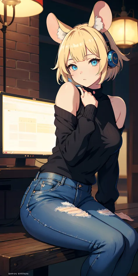 anime girl, seductive anime girl, azur lane style, gapmoe yandere, Anime girl sitting, mouse ears,Cyan eyes, Short blonde hair with long bangs on one side,Squeaky Hairstyle,Blue jeans,Black Beautiful Sweater,stocklings, higly detailed,high detailed eyes,Co...