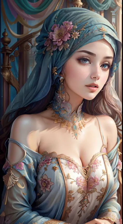 hijabi, (Masterpiece, Top Quality, Best Quality, Official Art, Beautiful and Aesthetic: 1.2), (1 Flower), cleavage, highslit, Extremely Detailed, (Fractal Art: 1.3), Colorful, Most Detailed