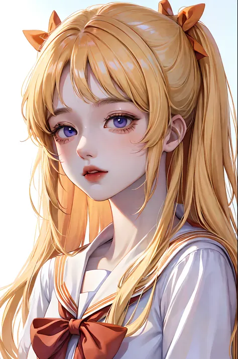 1 girl, Absurdres masterpiece HDR high quality portrait of sailor venus minako a beautiful girl with beautiful blonde hair with red ribbon and anime eyes pale lips wearing school uniform outfit in a white background