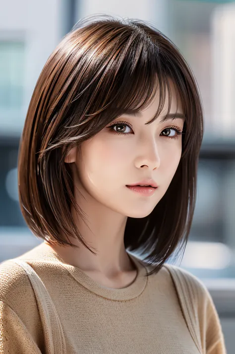 独奏、30 year-old woman、Slender figure beauty、dark brown  hair、Shortcut Hair、A sexy mature girl、Details exquisitely rendered in the face and skin texture、Eyes with detailed pupils、二重まぶた