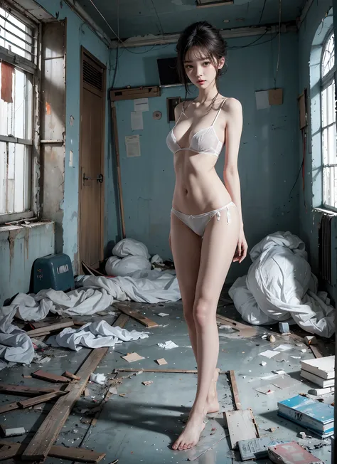 tmasterpiece，photograph realistic，Abandoned schools，In a room full of garbage，Dirty 1.5，Very beautiful 25 year old Korean girl，White transparent sexy lingerie exposed ，White transparent panties recede to the crotch，Leaky，very beautiful long slim legs，The b...