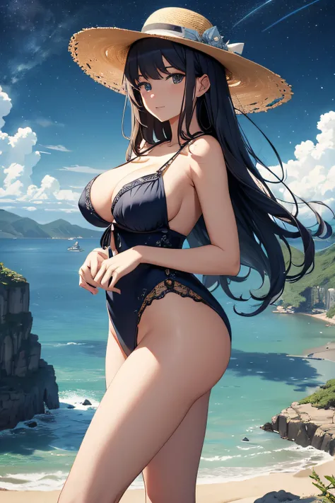 ​masterpiece、Massive landscape（（Mysterious Sea、starrysky、Meteor swarm））、20yr old、a beauty girl、huge tit、Highly detailed embroidery on one piece、a straw fedora hat、Farbe々Pose、