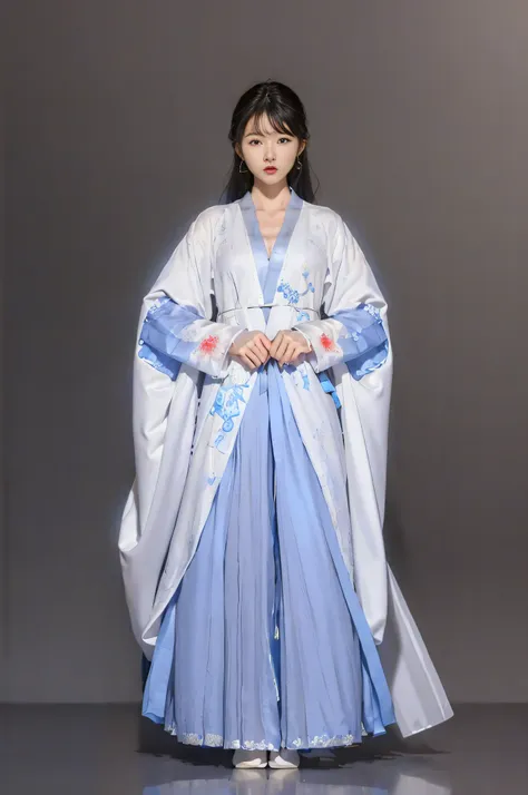 a woman wearing a white and blue hanbok, white hanfu, hanfu, flowing magical robe, flowing robes, full-body xianxia, flowing whi...