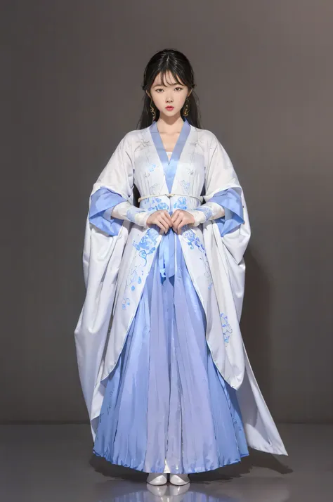 a woman wearing a white and blue hanbok, white hanfu, hanfu, flowing magical robe, flowing robes, full-body xianxia, flowing whi...